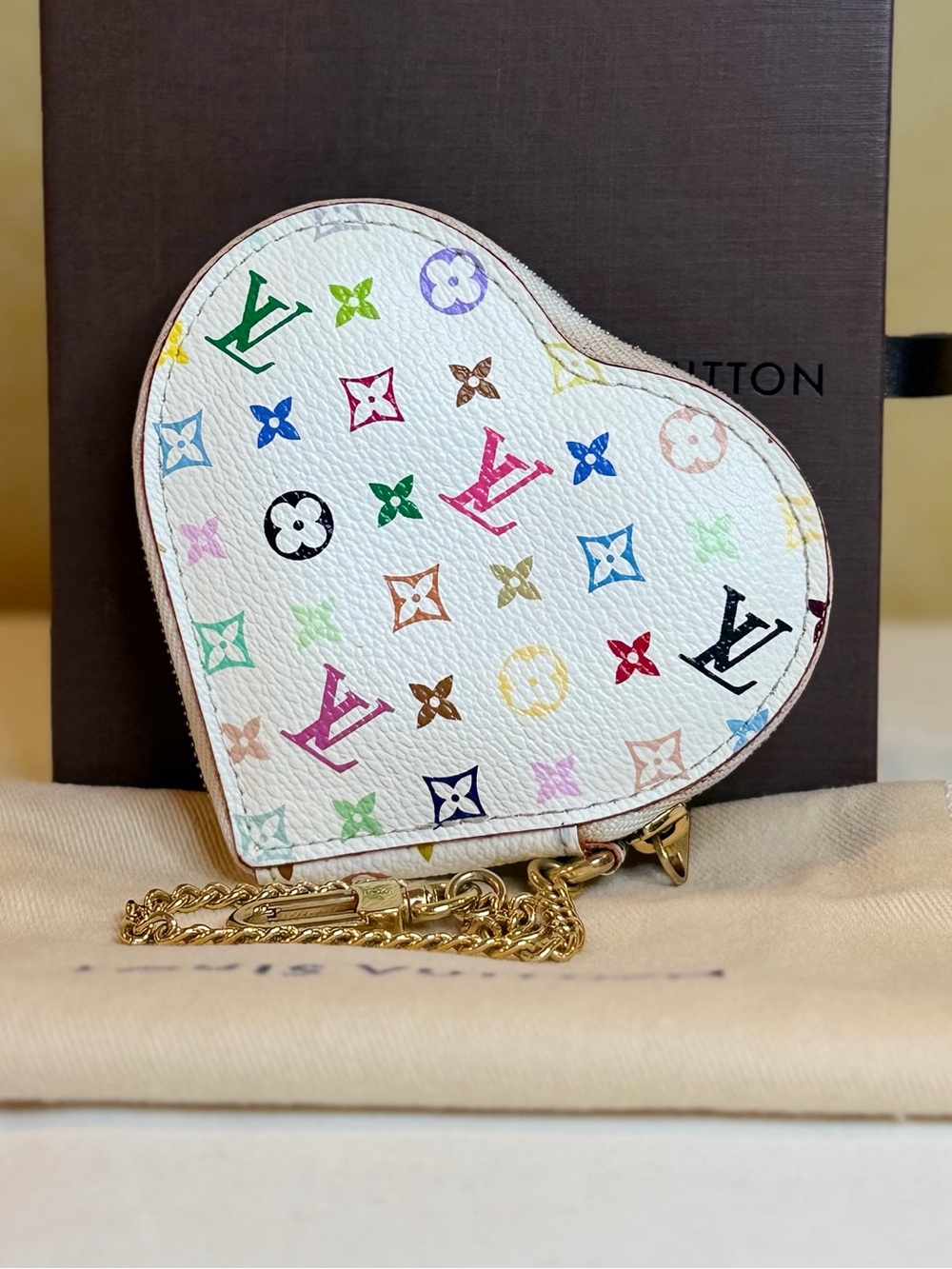 Heart-Shaped Multicolor Coin Purse with Gold Chain